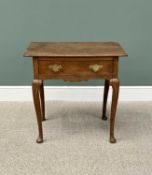 ANTIQUE OAK LOWBOY - with a single pine lined drawer having replacement fancy brass backplates and