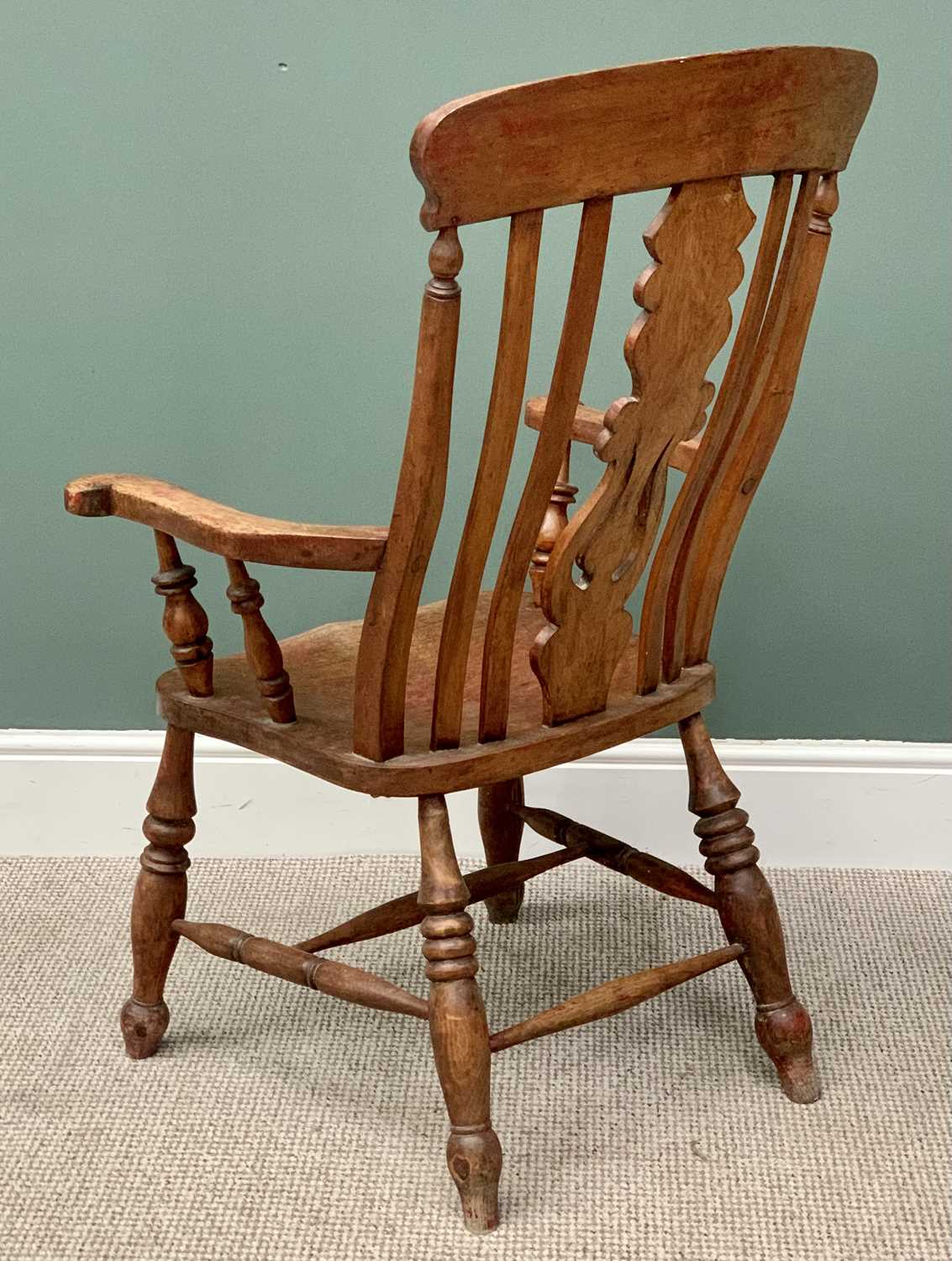 BEECH FARMHOUSE CHAIR - late 19th Century, shaped splat and rail back, out swept arms with turned - Image 3 of 3