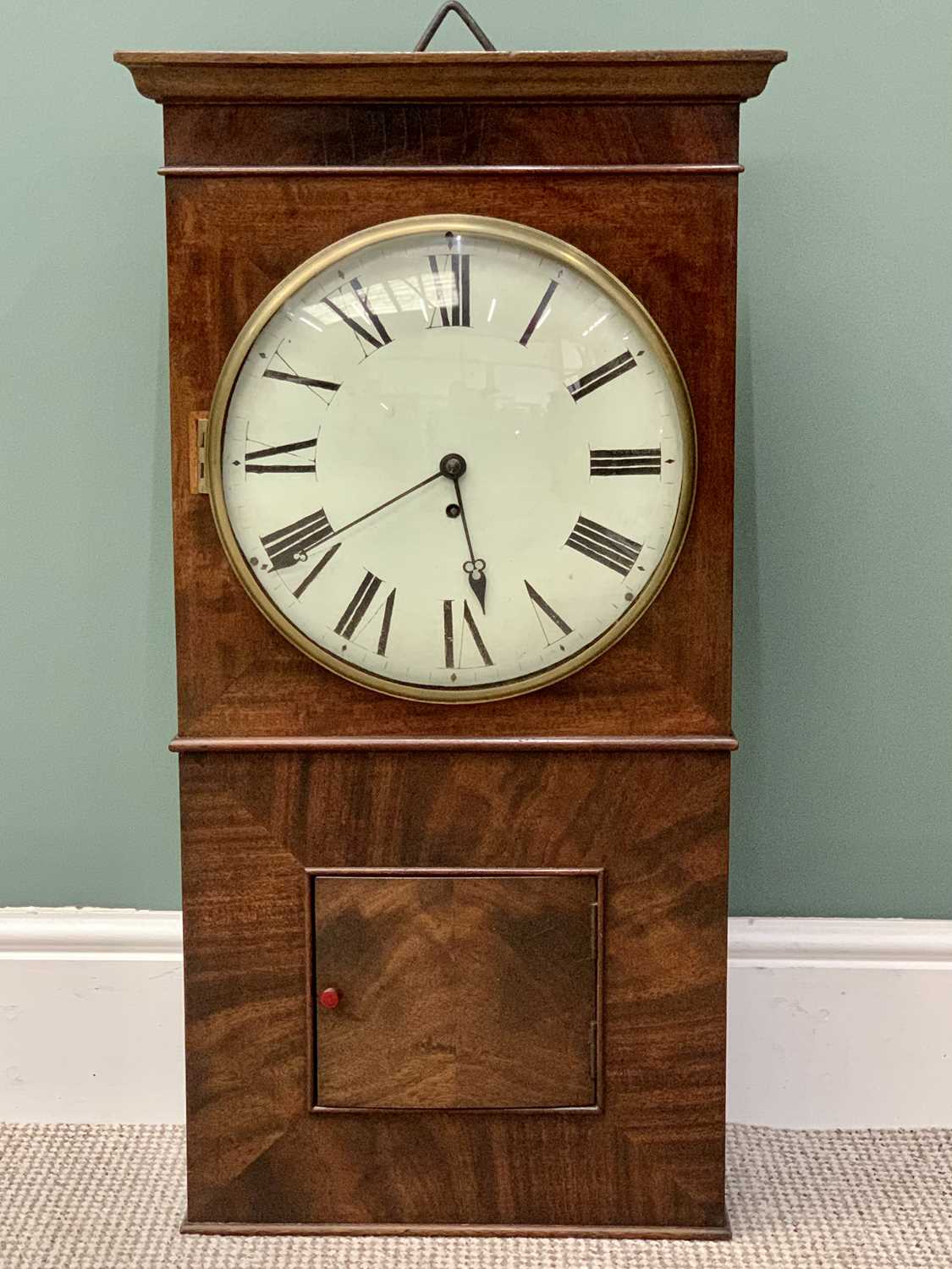 EARLY 19TH CENTURY MAHOGANY CASED WALL CLOCK - moulded cornice, painted enamel dial with Roman