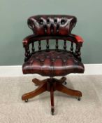BUTTON UPHOLSTERED RED LEATHER EFFECT REPRODUCTION CAPTAIN'S CHAIR - on a five footed swivel base