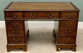 REPRODUCTION MAHOGANY PEDESTAL DESK - rectangular top with tooled inset skiver, moulded edge,