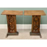 OAK SIDE TABLES - a pair, rectangular tops and columns with geometric moulding detail, on carved