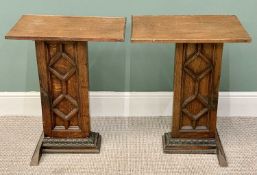 OAK SIDE TABLES - a pair, rectangular tops and columns with geometric moulding detail, on carved