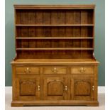 OAK WELSH DRESSER - 20th Century, the boarded plate rack back with three shelves, the base having