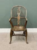 19th CENTURY ELM WINDSOR ARMCHAIR - with crinoline stretcher, the hoop back with wheel pierced