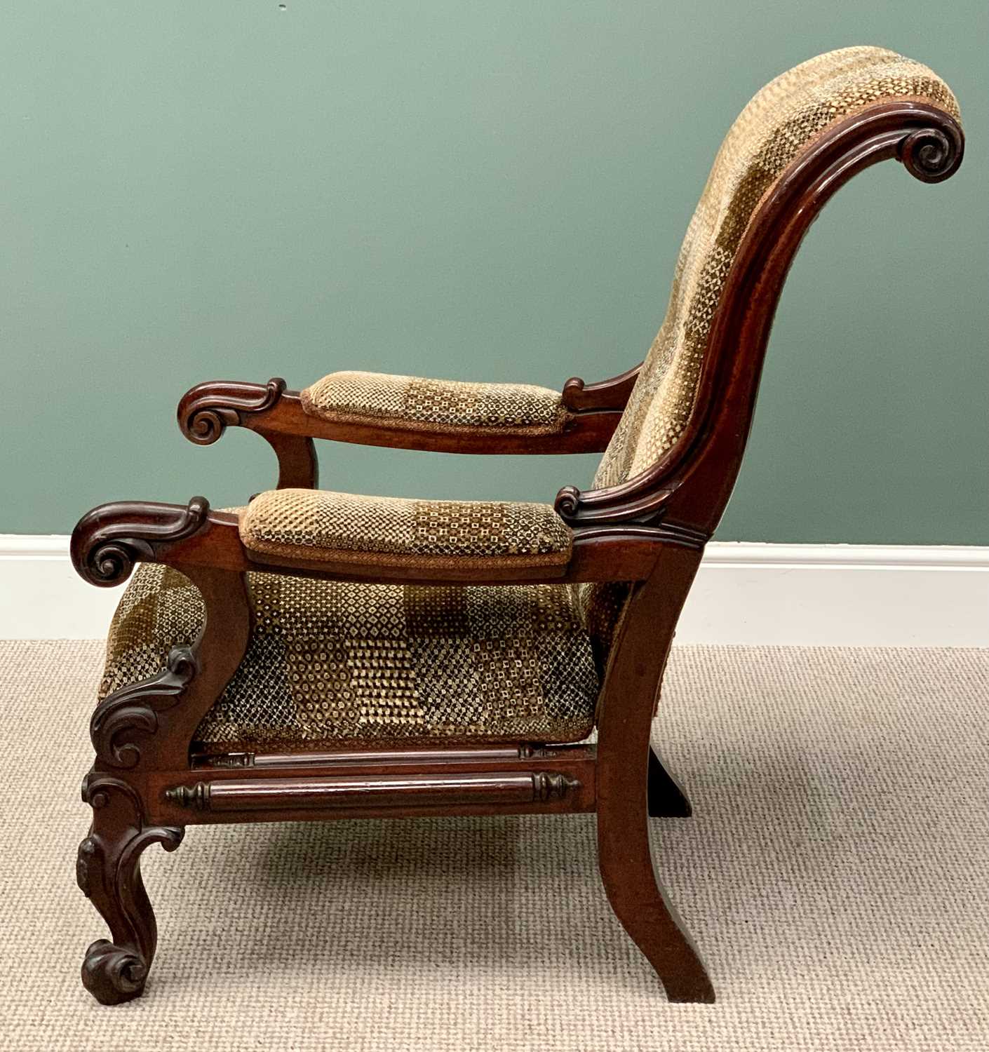 VICTORIAN MAHOGANY FRAMED GENTLEMAN'S ARMCHAIR - with scrolled back and arms, chequered button - Image 3 of 4