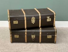 VINTAGE STEAMER TRUNKS (2) - having wooden and metal mounted banding, labelled to the handles "