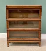 GLOBE WERNICKE TYPE OAK THREE SECTION BOOKCASE - glazed up and over doors, 109cms H, 87cms W,