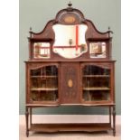 VICTORIAN MAHOGANY DISPLAY CABINET - the raised back with central shaped bevelled mirror flanked