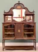 VICTORIAN MAHOGANY DISPLAY CABINET - the raised back with central shaped bevelled mirror flanked