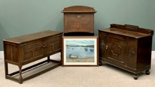 PLUS LOT 51 - FURNISHINGS PARCEL (4) - oak bureau having a fall front over open shelves, 123cms H,