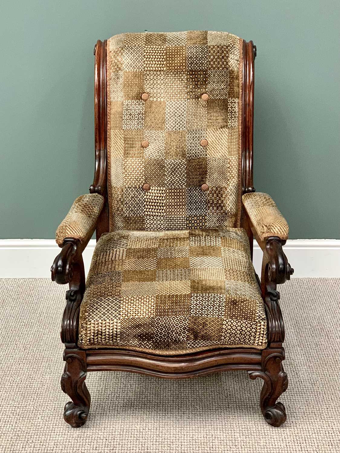 VICTORIAN MAHOGANY FRAMED GENTLEMAN'S ARMCHAIR - with scrolled back and arms, chequered button