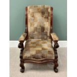 VICTORIAN MAHOGANY FRAMED GENTLEMAN'S ARMCHAIR - with scrolled back and arms, chequered button