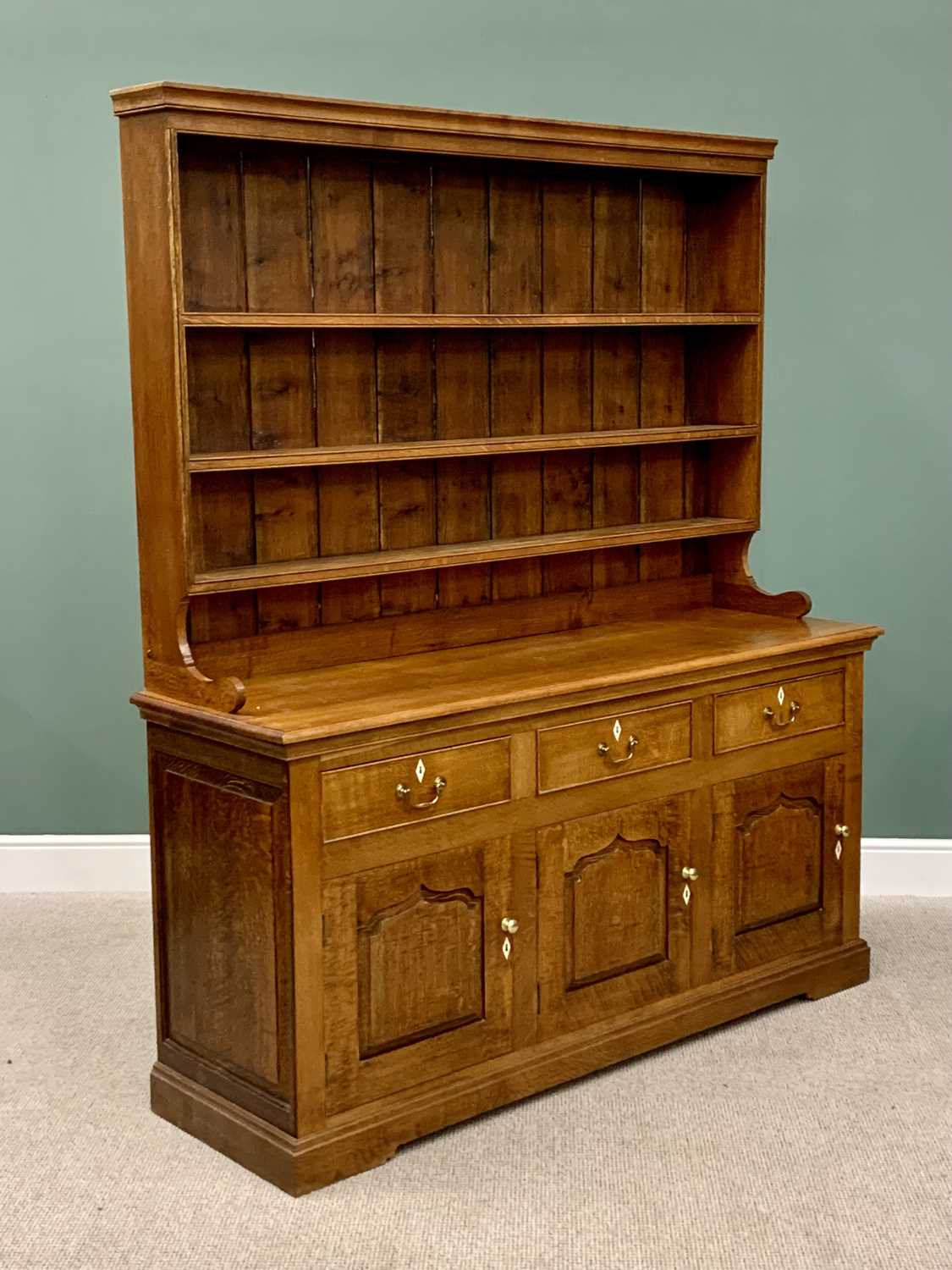 OAK WELSH DRESSER - 20th Century, the boarded plate rack back with three shelves, the base having - Image 2 of 4