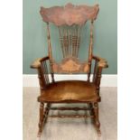 BEECH FRAMED AMERICAN ROCKING CHAIR - 19th Century with embossed crest and back panels separated