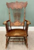 BEECH FRAMED AMERICAN ROCKING CHAIR - 19th Century with embossed crest and back panels separated