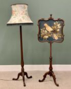 VICTORIAN ROSEWOOD POLESCREEN - the shield shaped panel with parrot wool work, on a turned column to