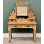 STRIPPED PINE DRESSING TABLE - rectangular mirror to arched supports and lower drawers over twin
