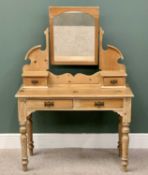 STRIPPED PINE DRESSING TABLE - rectangular mirror to arched supports and lower drawers over twin