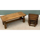 HEAVY OAK COFFEE TABLE - with rectangular top, stout turned supports and plain stretchers, 49cms