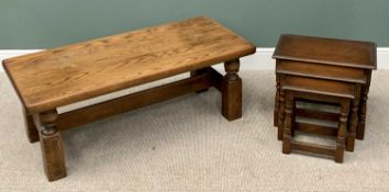 HEAVY OAK COFFEE TABLE - with rectangular top, stout turned supports and plain stretchers, 49cms