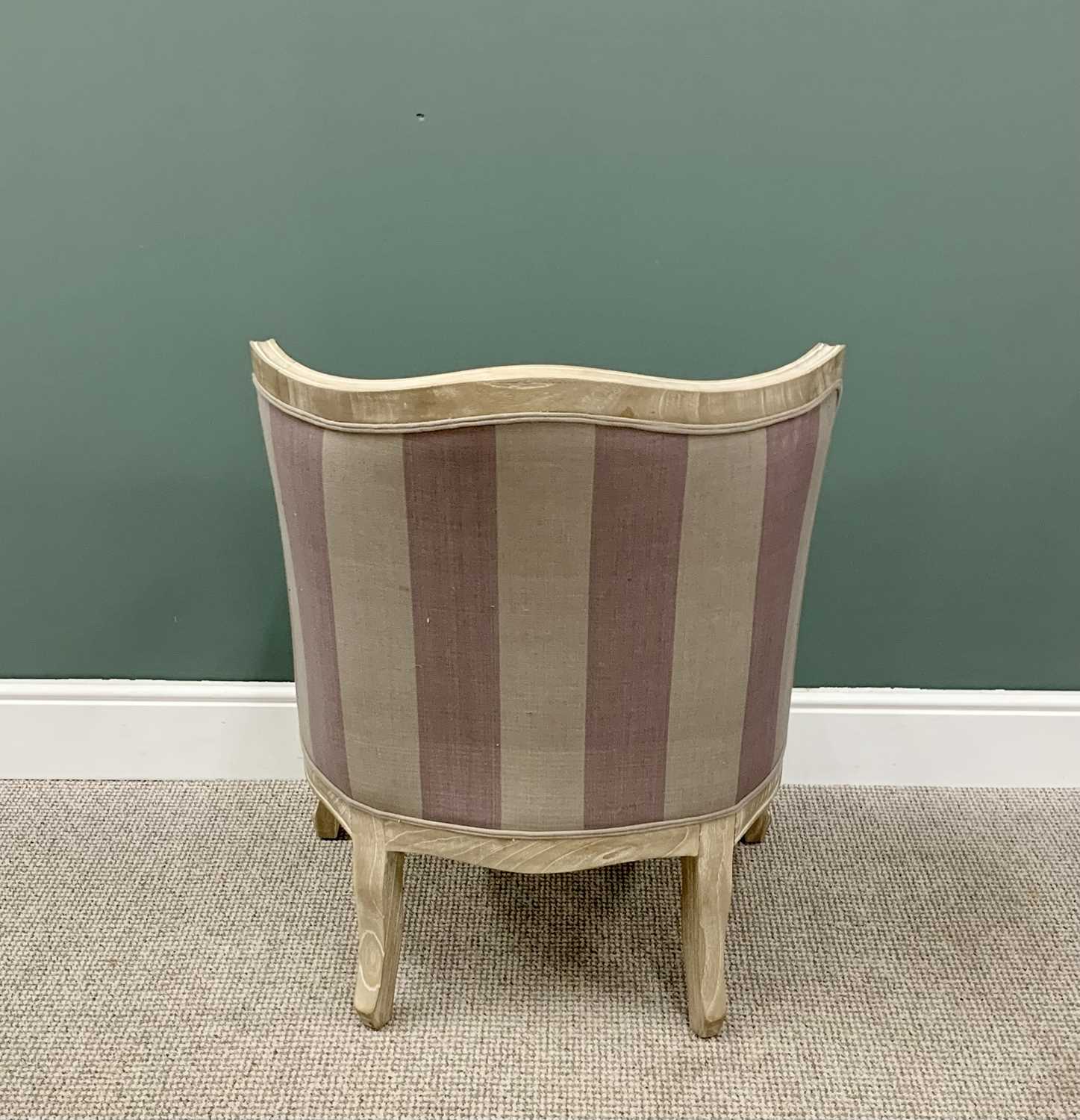 CLASSICALLY STYLED REPRODUCTION LIMED OAK EFFECT TUB CHAIR - having shaped carved detail and striped - Image 3 of 3