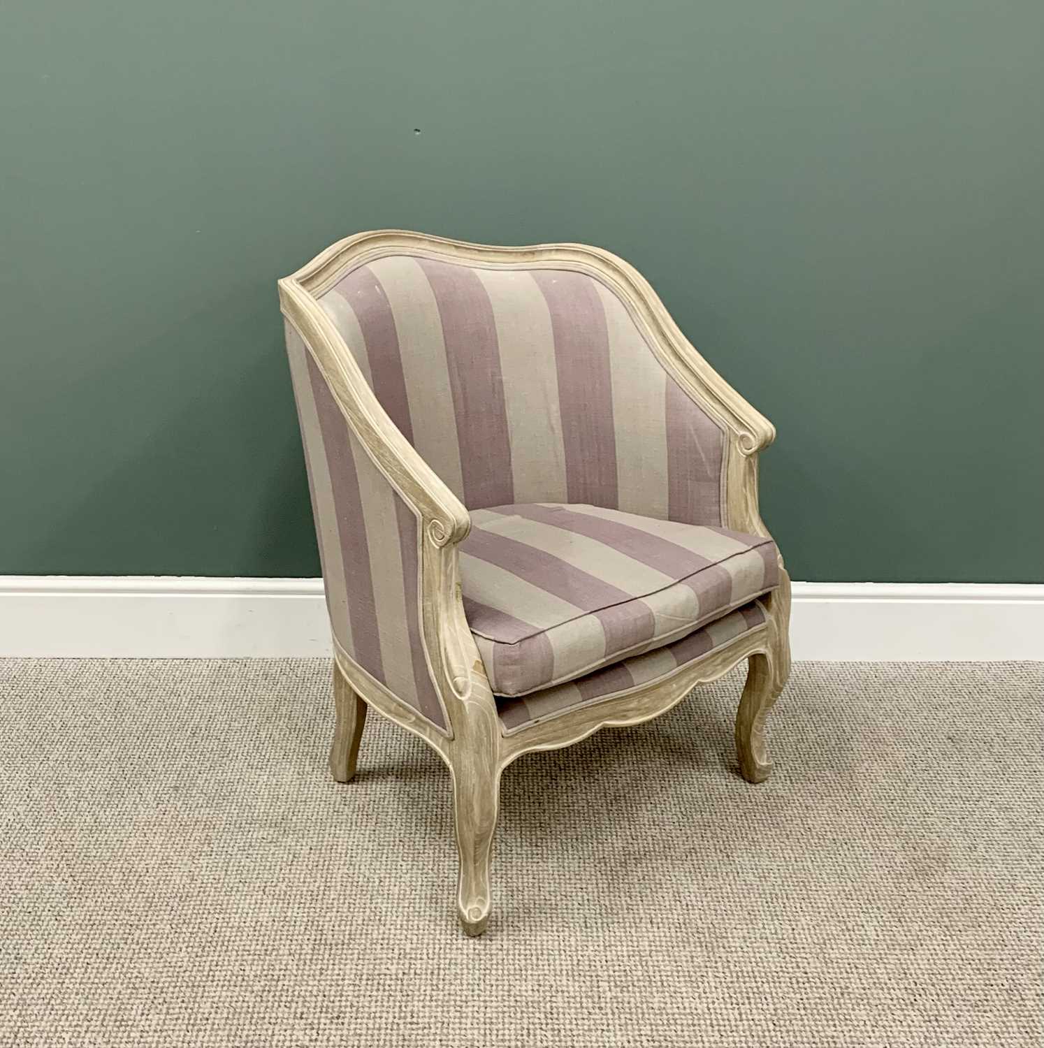 CLASSICALLY STYLED REPRODUCTION LIMED OAK EFFECT TUB CHAIR - having shaped carved detail and striped - Image 2 of 3