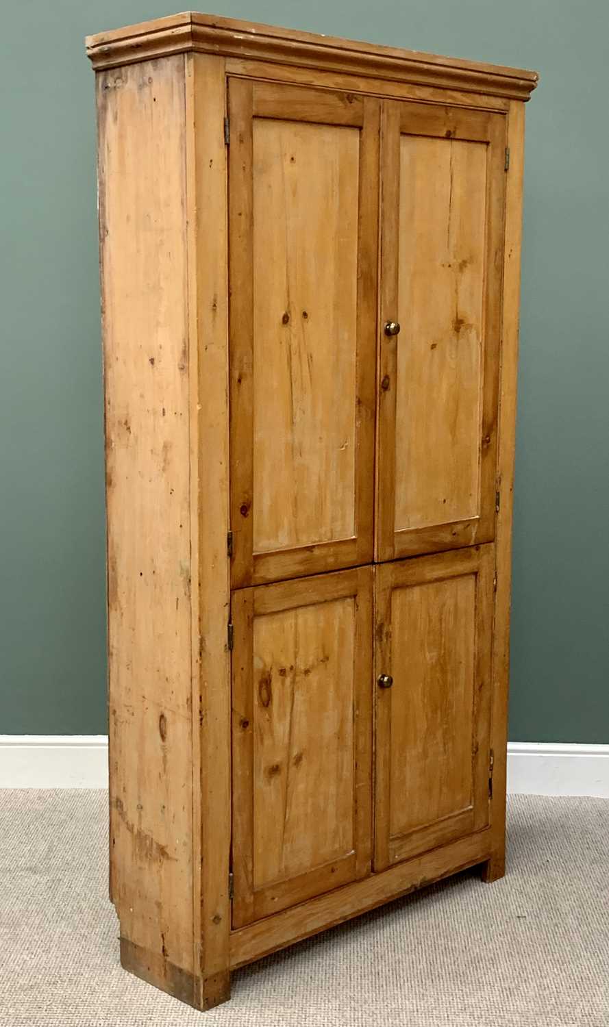 STRIPPED PINE FOUR DOOR CUPBOARD - with moulded cornice, the doors with brass knob handles, 208cms - Image 3 of 4