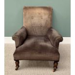 LOUNGE CHAIR - late 19th Century, brown button back upholstery, rolled arms, short turned front