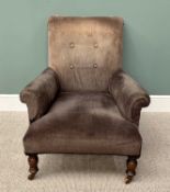 LOUNGE CHAIR - late 19th Century, brown button back upholstery, rolled arms, short turned front