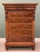 VICTORIAN MAHOGANY TALL CHEST - having five long drawers with turned wooden knob handles, floral and