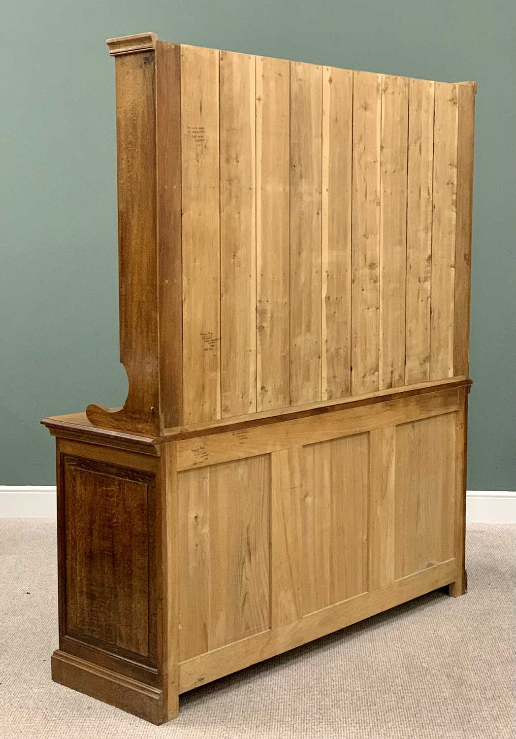 OAK WELSH DRESSER - 20th Century, the boarded plate rack back with three shelves, the base having - Image 4 of 4