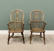 19th CENTURY OAK WINDSOR ARMCHAIRS (2) - both having stick backs and pierced central splats, with
