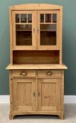 PINE KITCHEN DRESSER - neat proportions, the upper section with twin glazed doors enclosing a