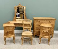 CONTINENTAL STYLE ANTIQUED PINE BEDROOM FURNITURE - five items to include a four drawer chest,