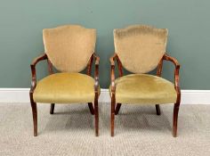VINTAGE ARMCHAIRS - a pair, with shield shaped upholstered backs and sprung seats, with swept arms