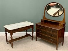 MAHOGANY WASHSTAND - late 19th Century with white marble top, the base with single drawer, turned