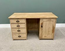 CIRCA 1900 STRIPPED PITCH PINE PEDESTAL DESK - having a bank of four opening drawers with shaped