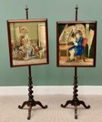 VICTORIAN MAHOGANY POLESCREENS - a pair, having wool work panels, tapered twist columns and tripod