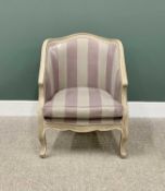 CLASSICALLY STYLED REPRODUCTION LIMED OAK EFFECT TUB CHAIR - having shaped carved detail and striped