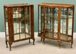 CHINA CABINETS (2) - mid Century, the first having a decorated glass door, shelf lined interior with