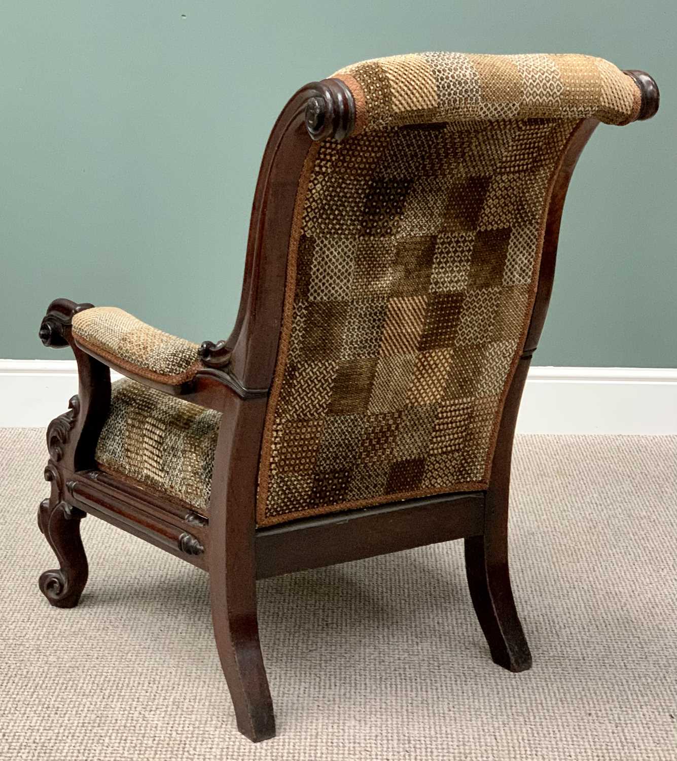 VICTORIAN MAHOGANY FRAMED GENTLEMAN'S ARMCHAIR - with scrolled back and arms, chequered button - Image 4 of 4