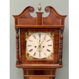 ROBERT MORRIS, STONE, MAHOGANY LONGCASE CLOCK - the hood with broken swan neck pediment with brass