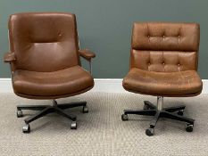 MID-CENTURY SWIVEL CHAIRS - two similar on castors with brown leather effect upholstery, one with