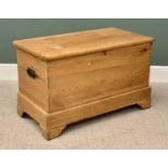 PINE CHEST - late 19th Century with hinged lid, iron side handles, on bracket feet, 59cms H, 97cms