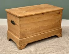 PINE CHEST - late 19th Century with hinged lid, iron side handles, on bracket feet, 59cms H, 97cms