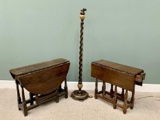 TWO ANTIQUE PEG JOINED OAK GATE LEG TABLES - the largest table having rounded twin flaps, 69cms H,