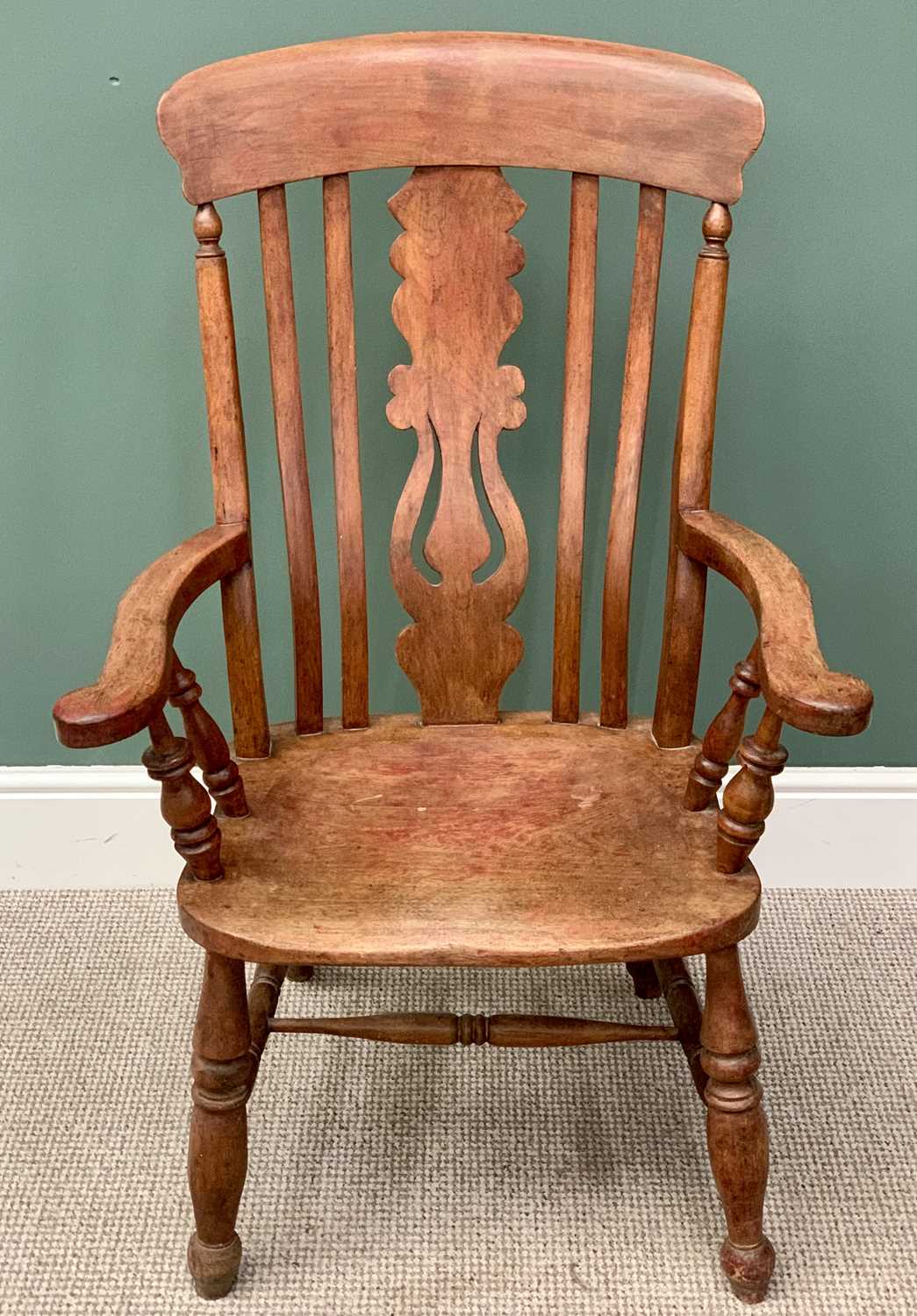 BEECH FARMHOUSE CHAIR - late 19th Century, shaped splat and rail back, out swept arms with turned