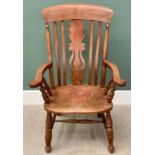 BEECH FARMHOUSE CHAIR - late 19th Century, shaped splat and rail back, out swept arms with turned