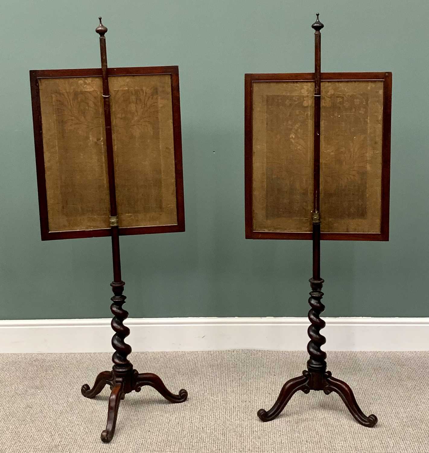 VICTORIAN MAHOGANY POLESCREENS - a pair, having wool work panels, tapered twist columns and tripod - Image 2 of 2